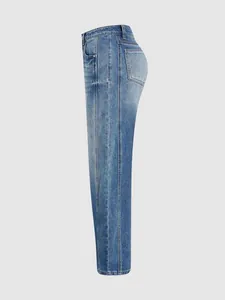 Side view of nostalgic washed wide-leg denim jeans for women with vintage finish