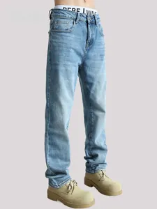 Side view of men's light blue straight-leg denim jeans in a casual and classic style