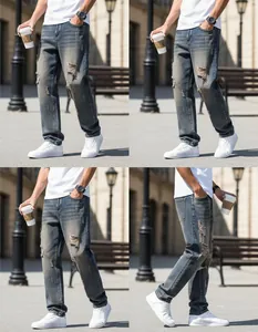 Detailed quad-view of men's blue distressed straight-leg denim jeans in urban setting