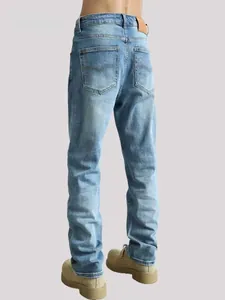 Back view of men's light blue straight leg jeans featuring classic pocket stitching.