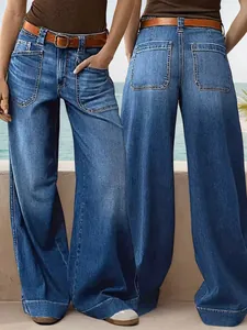 Detailed front and back view of women's loose wide-leg straight blue denim jeans