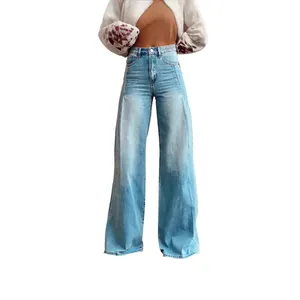 Jean en denim rétro à taille haute et jambes larges avec délavage bleu clair