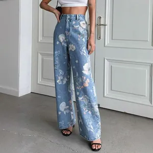 Women's retro blue floral print wide leg jeans with high waist and straight leg cut