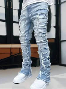 Men High Street Patchwork Frayed Hem Denim Jeans Vintage Washed Distressed Stacked Ripped Slim Straight Leg Jeans Streetwear Pants