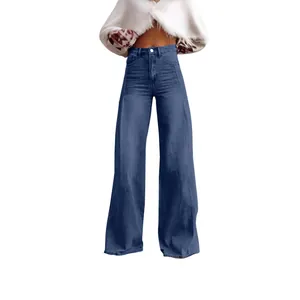 Jean femme taille haute à jambes larges, pantalon long en denim bleu foncé style vintage