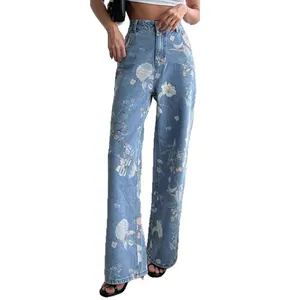Retro high-waisted blue floral print wide-leg jeans for women's summer fashion style