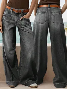 Front and back detail of women's loose wide-leg straight denim jeans in dark grey