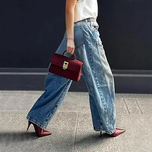 Stylish women's vintage washed wide-leg denim jeans with relaxed fit for casual wear