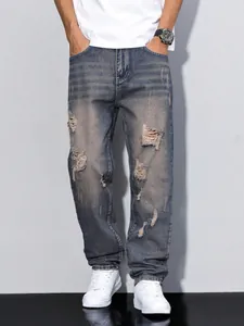 Men's American High Street Ripped Jeans Vintage Washed Distressed Straight Leg Denim Pants Cotton Blend Casual Trousers For Men