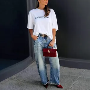 Stylish vintage washed blue wide-leg denim jeans for women featuring a relaxed fit