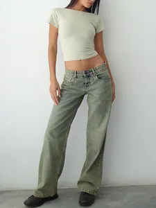 Jean large taille haute à la mode en délavage vert olive pour femme