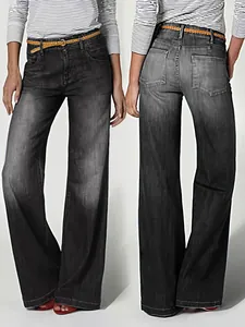 Vista frontal y trasera de vaqueros vintage grises de mujer con cintura alta y pernera ancha