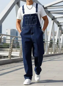 Classic American vintage loose straight leg denim overalls for men in a dark blue wash