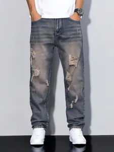 Men's loose ripped straight-leg jeans in American high street style blue wash