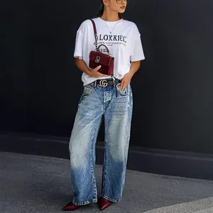 Vintage style washed wide-leg denim jeans for women featuring a distressed retro finish