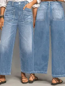 Vista detallada delantera y trasera de vaqueros retro de pierna ancha para mujer.