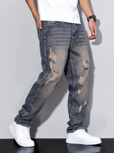 Men's retro blue distressed ripped straight leg jeans in American high street style