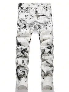 Heren High Street Inktspatten Gradiënt Rechte Jeans Katoenmix Gewassen Casual Mode Denim Lange Broek