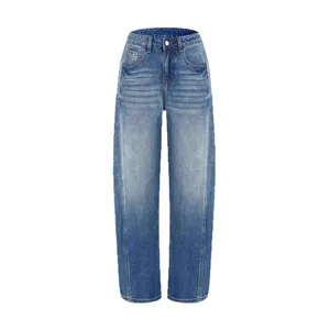 Women's vintage wash blue wide-leg denim jeans with high waist and relaxed fit design
