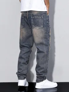 High-quality men's loose distressed straight-leg denim jeans with vintage brown wash finish