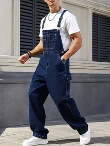 Full-body view of men's vintage loose straight denim overalls in dark blue.