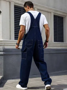 Rear view showing the fit and pocket details of men's retro straight denim overalls