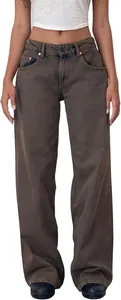 Detailed view of American vintage low-waist washed straight wide-leg denim jeans for women