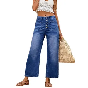 Stylish women's high-waisted wide-leg blue denim jeans featuring a multi-button fly design