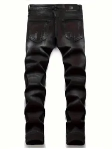 Men's slim straight distressed denim jeans with heavy wash finish detail, back view