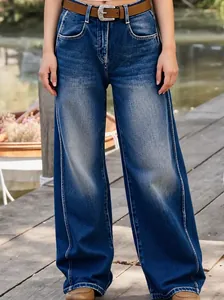 Women Vintage Washed Denim Wide Leg Pants Retro Curved Cut High Waist Streetwear Straight Jeans Bottom With Belt