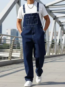 Men's American Retro Loose Straight Bib Denim Overalls Casual Washed Cotton Jumpsuit Multi Pocket Workwear Top And Bottom
