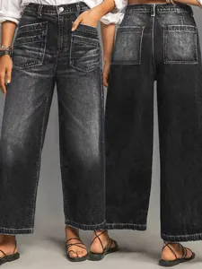 Vaqueros de pernera ancha negros lavados retro con bolsillos grandes para mujer