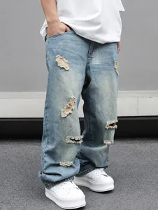 Jeans da Uomo High Street Taglie Forti Strappati Gamba Dritta Allentata Lavati in Denim Streetwear Moda Jeans