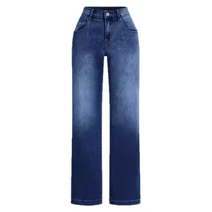 Vaqueros clásicos de tiro alto para mujer con pierna recta holgada en denim azul lavado