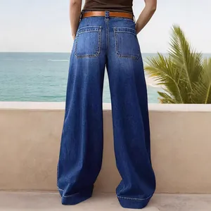 Stylish high-waisted wide-leg denim jeans for women in a classic dark blue wash.