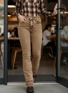 Retro washed brown slim straight leg denim jeans for women walking in street cafe style