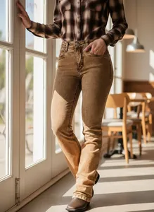 Detail shot of vintage washed slim-fit straight-leg women's jeans in retro brown denim
