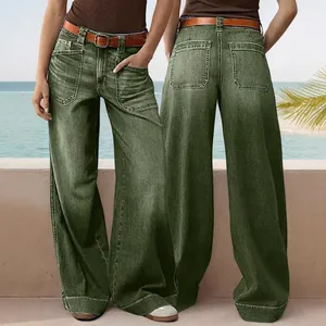Women's olive green wide leg denim pants with loose fit and straight cut style.