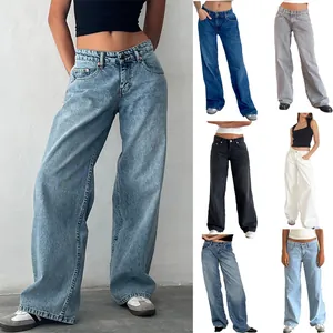 Jeans Femme Rétro Américain Taille Basse Coupe Droite Streetwear Pantalon Denim Délavé Large