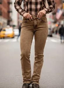 Vintage washed slim straight-leg jeans for women in earthy brown color street style