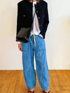 Jean décontracté bleu à jambes larges avec cordon et coutures pour femmes style rue