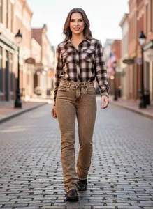 Full body view of women's retro washed brown straight jeans on a cobblestone street