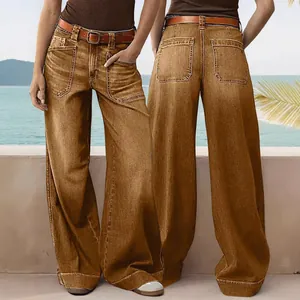 Vintage brown women's wide leg straight denim pants with front pockets shown from front and back