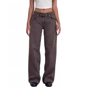 Jean vintage taille basse pour femme, marron délavé, coupe droite et large style streetwear