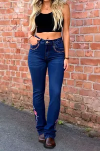 Slim fit flare jeans for women featuring colorful floral embroidery on pockets and legs
