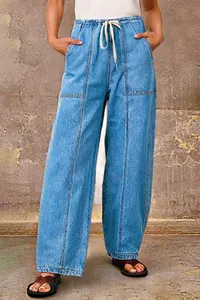 Pantalon en jean pour femme à jambes larges, taille élastique et cordon de serrage chic