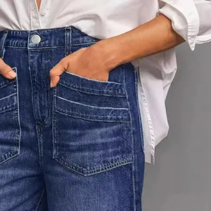 Vaqueros retro de mujer de talle medio y pernera ancha con grandes bolsillos de parche