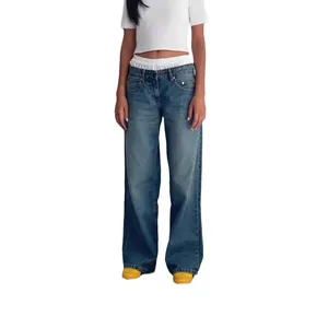 Jean en denim vintage américain à taille basse et jambe large pour femme en bleu