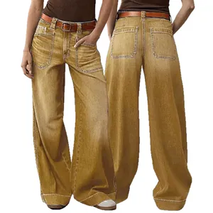 Loose-fit women's wide-leg straight denim jeans in vintage tan, front and back view