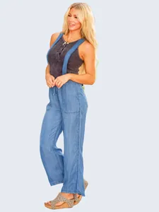 Stylish light blue tencel denim overalls for women featuring wide legs and straps